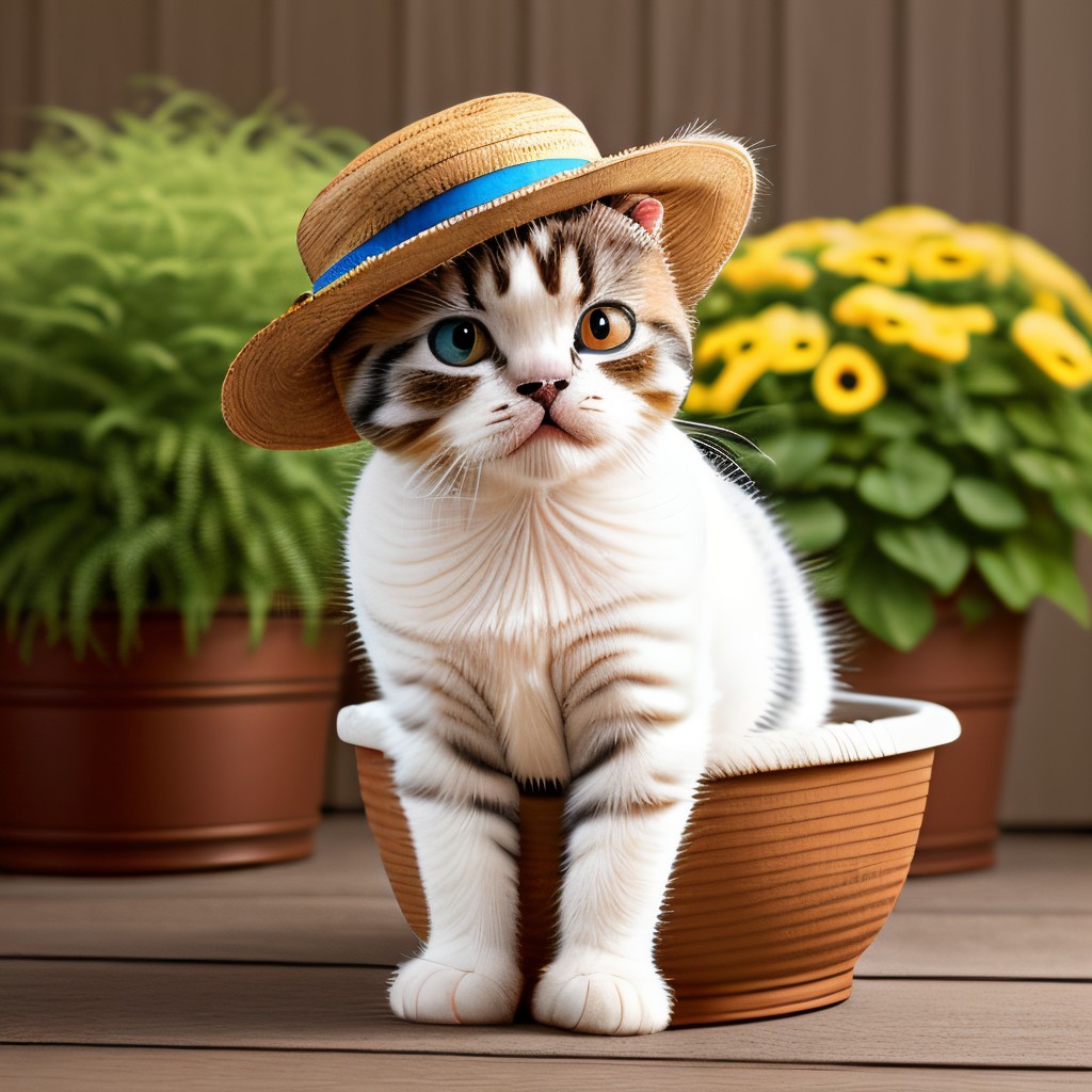 00213-101540958-masterpiece, intricate photo, cute scottish fold kitten with panama hat, sitting in a flower pot, animal photography, hyper real.jpg